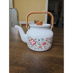Vintage 80s Gailstyn-Sutton Enamelware Teapot Kettle‎ Country Flower Wood Handle